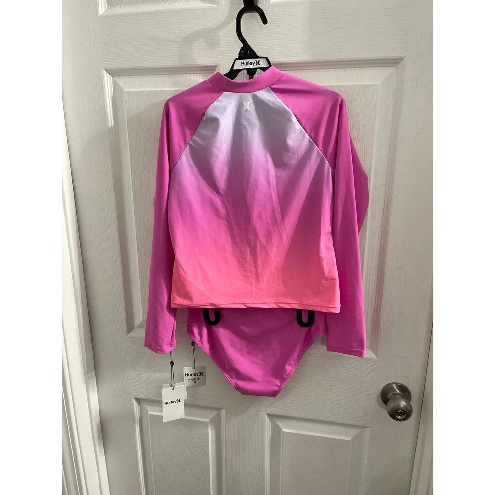 Hurley Girls Long Sleeve Rash Guard Swimsuit Size 14 China Rose New With Tags